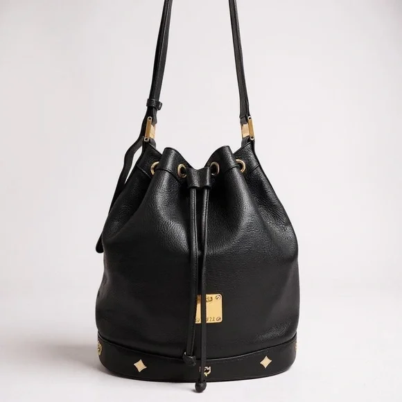 MCM | Bags | Mcm Black Leather Drawstring Bucket Bag Visetos 
